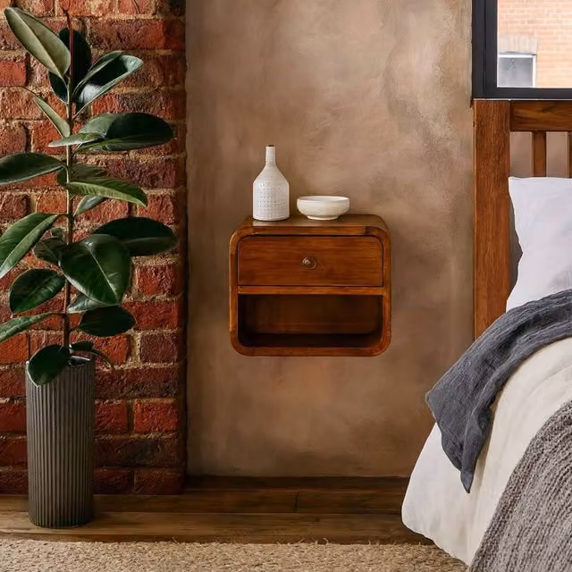 Wyld Haus Desenzano Mini Curve Mango Wood Floating Bedside Table with Drawer and Shelf in Brown – 1