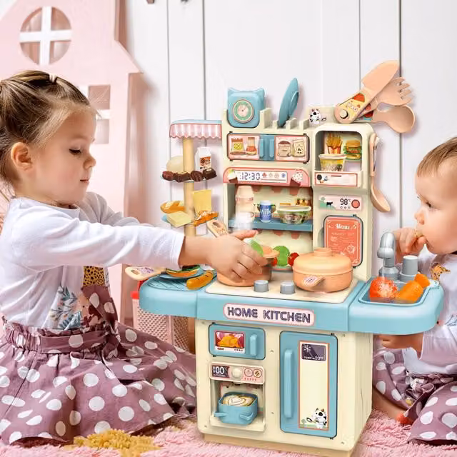 deAO Kids Kitchen Toy with Water, Light and Steam Features in Blue and Multicolour