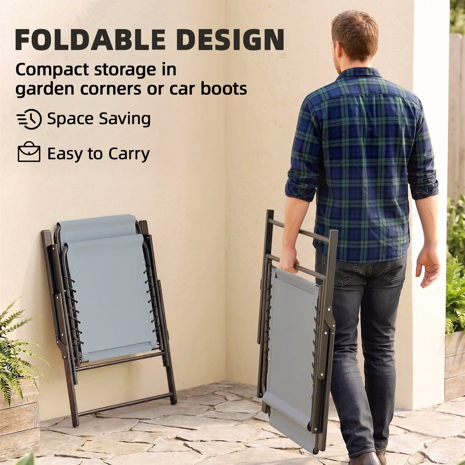 Outsunny Set of 2 Folding Garden Chairs in Light Grey with High Back, Armrests and Textilene Seats – 3