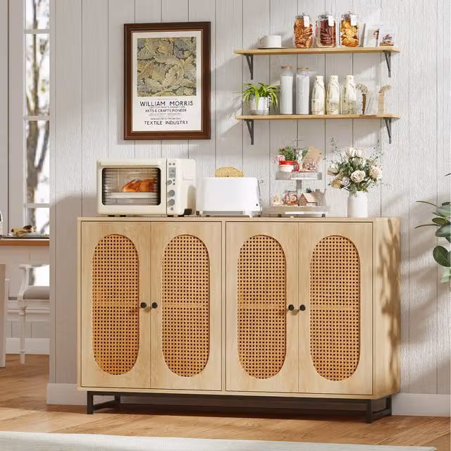 Costway Scandinavian Style Bar Cabinet Sideboard Buffet in Brown with Rattan and Metal Details, Width: 126 cm