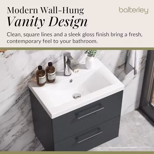 Balterley Wall Hung 2 Drawer Bathroom Vanity Unit with Basin in Dark Grey, W: 61.0 cm, D: 39.0 cm, H: 57.9 cm – 3