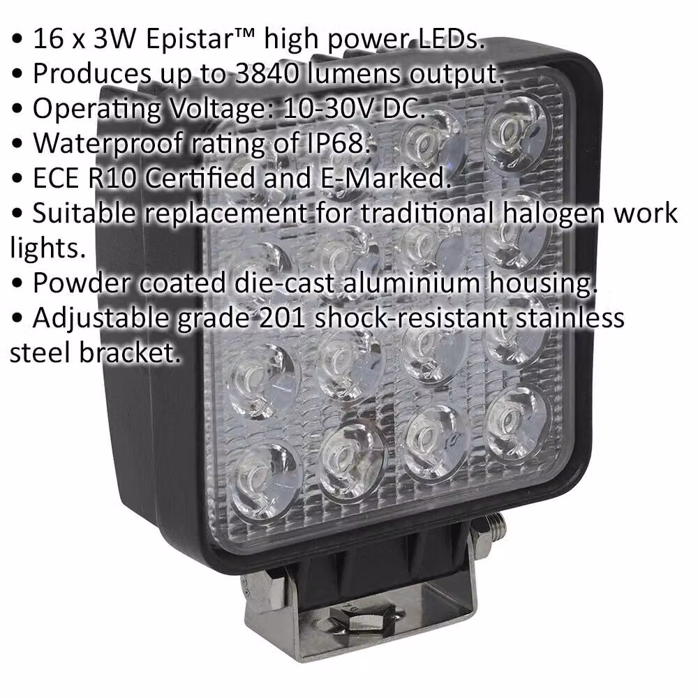 Loops 48W SMD LED Waterproof Work Light and Mounting Bracket, Black Square Floodlight with IP68 Rating – 2