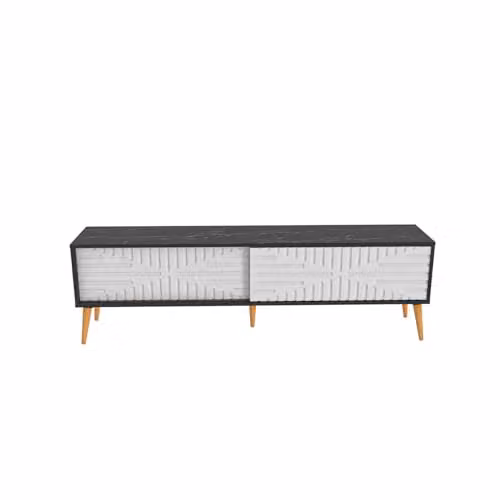 DECOROTIKA Riso Modern TV Stand with Sliding MDF Doors and Solid Wood Legs in Black Marble Effect, W: 180 cm, D: 35 cm, H: 54 cm