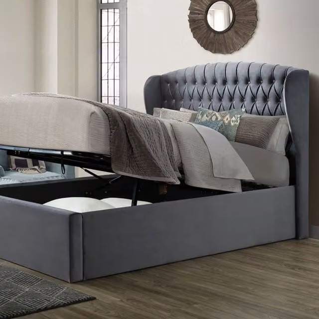 Bedmaster Warwick Grey Velvet Upholstered Ottoman Bed with Lift Up Base, W: 180 cm x D: 200 cm