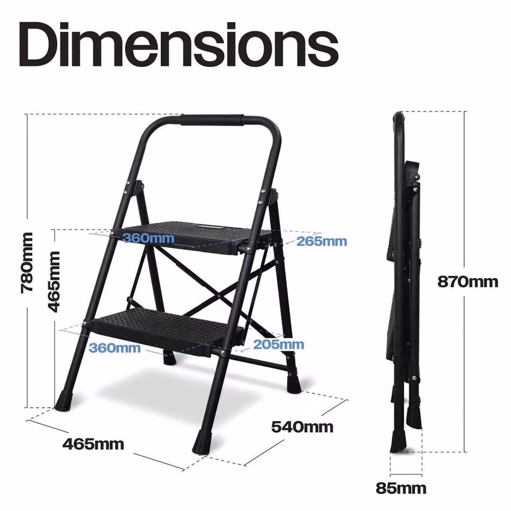NESTLUNE 2 Step Folding Ladder in Black, Durable Steel with Non-Slip Rubber Feet, W: 40 cm, H: 100 cm – 2