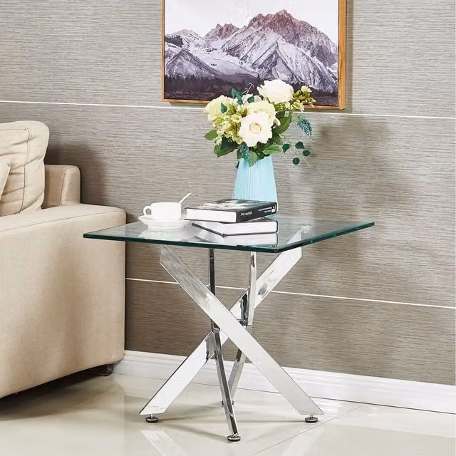 Amara Modern Square Glass Side Table with Chrome Metal Legs in Silver