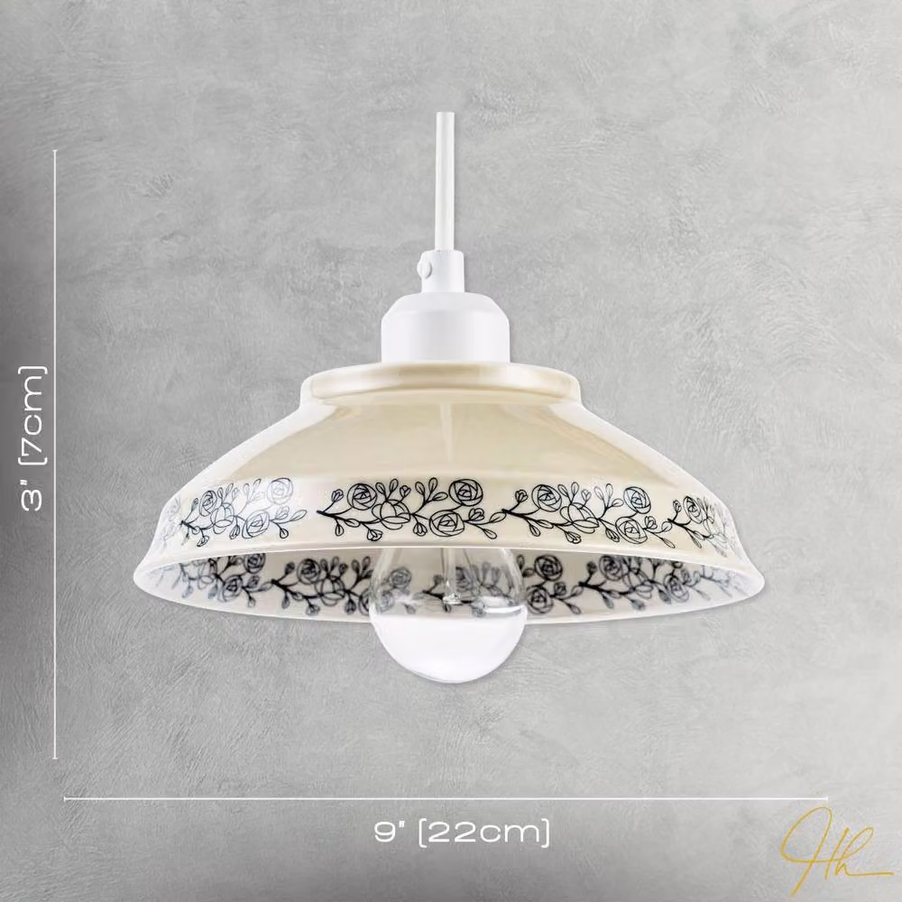 Happy Homewares Cream and Blue Ceramic Pendant Light Shade with Floral Design – 3