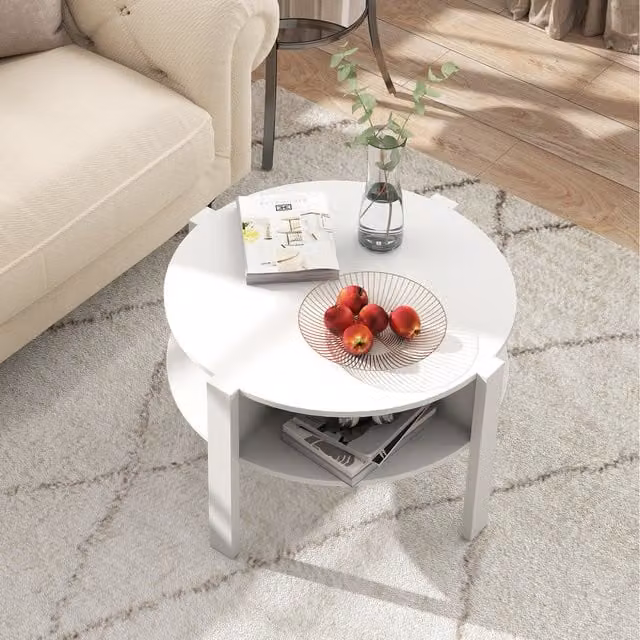 COSTWAY 2-Tier Round White Coffee Table