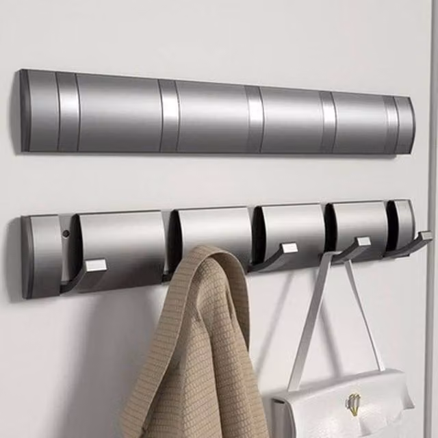 NESTLUNE Silver Metal Wall Mounted Foldable Coat Hooks and Drying Rack with 5 Hooks – 1