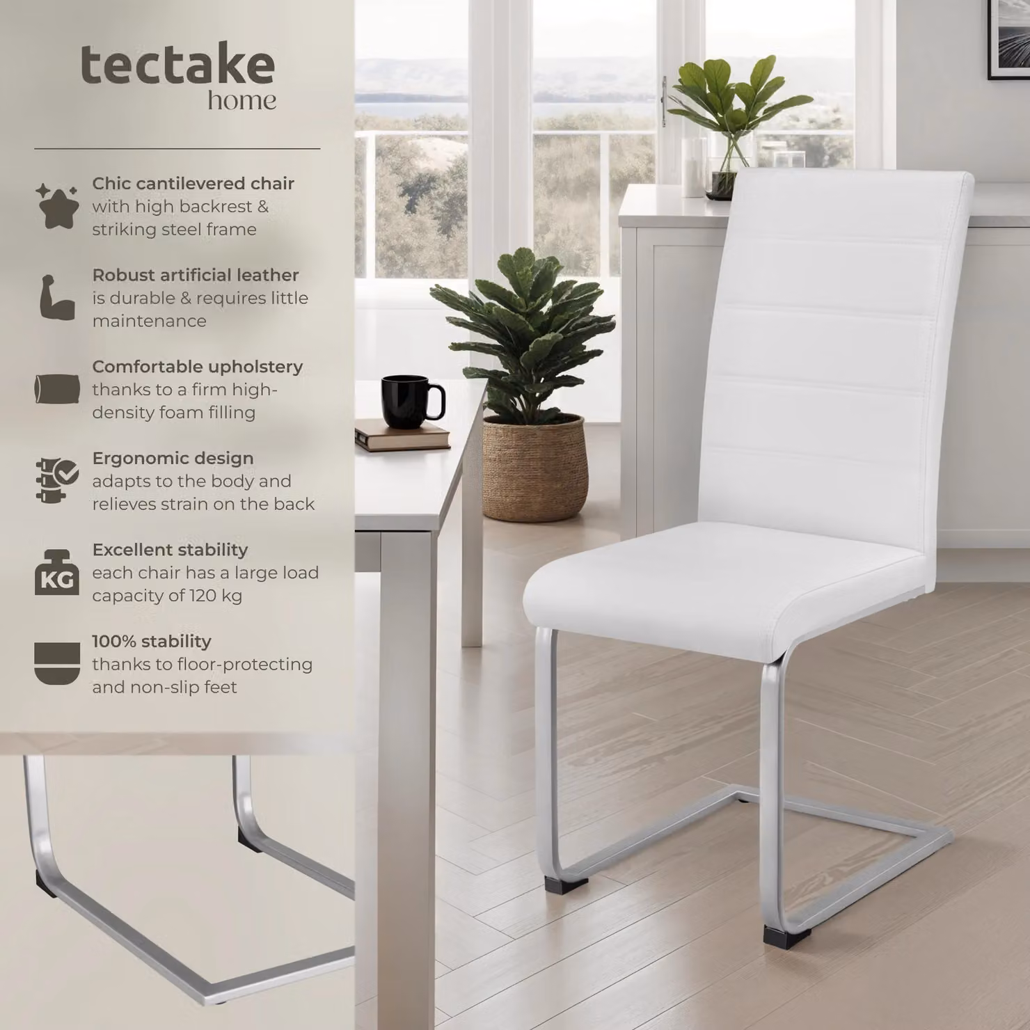 tectake Bettina Set of 4 Dining Chairs in White Synthetic Leather with Metal Cantilever Base – 2