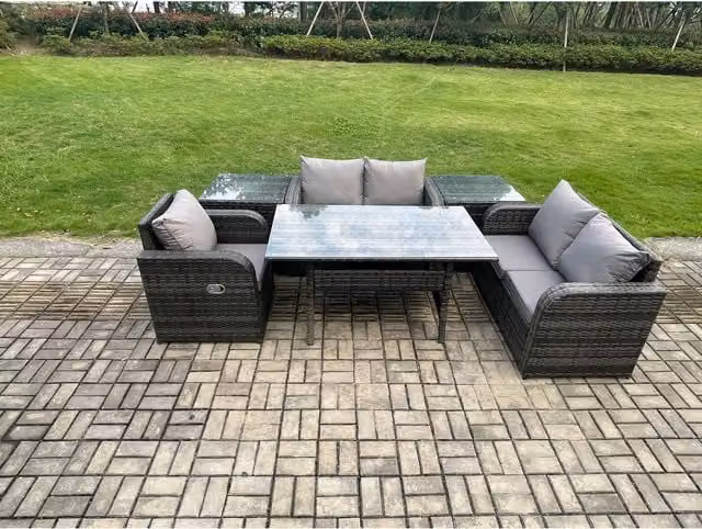 Fimous 5-Seat Reclining Rattan Dining Set with 2 Side Tables in Dark Grey Mixed