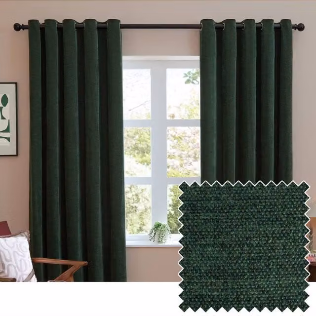 Furn Soft Chenille Blackout Eyelet Curtain Pair in Bottle Green, Width: 229 cm, Drop: 229 cm – 1