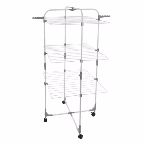 JVL Foldable 3 Tier Drying Rack with Hooks, White, W/D/H: 135.0 x 68.5 x 28.0 cm