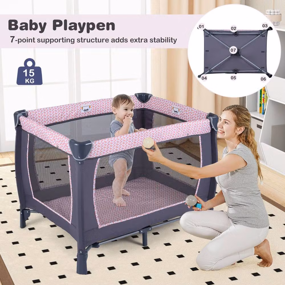 Costway Foldable Pack and Play Portable Baby Playard with Rocking Bassinet and Music Box in Pink – 5