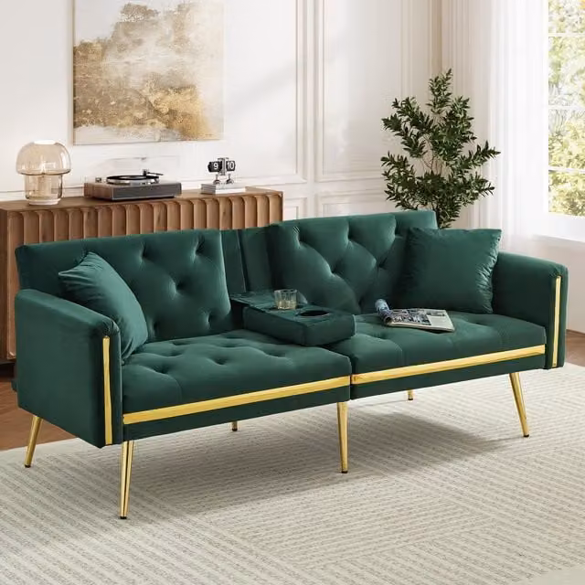 Aosom UK Green Velvet Two-Seater Convertible Sofa Bed with Adjustable Backrest and Cup Holders, W/D/H: 174 x 76 x 71.5 cm – 1