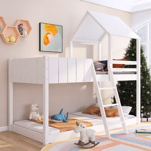 Matteo Solid Wood Single Loft Bunk Bed with Ladder and Guard Rail in White, W/D/H: 90 x 190 cm