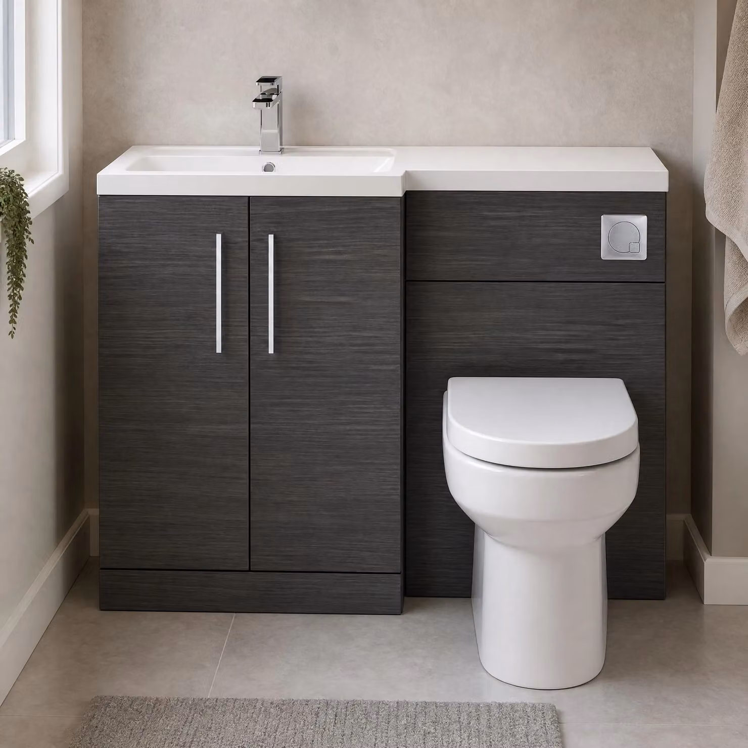 Balterley Left Hand Floor Standing Vanity Basin and WC Unit in Anthracite Grey Woodgrain, H 110 cm x W 39 cm x D 39 cm – 2
