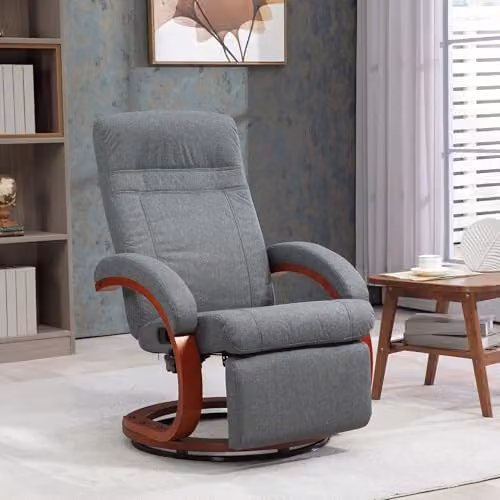 HOMCOM Grey Fabric Swivel Recliner Chair with Extended Footrest and Solid Wood Base – 2