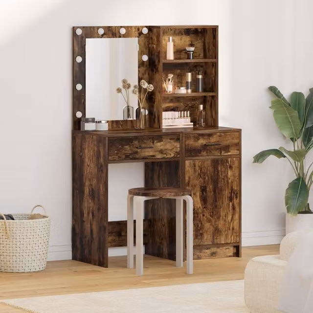 Berkfield Home 2 Piece Modern Hollywood LED Dressing Table Set in Smoked Oak Brown