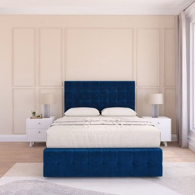Sloomy Berlin Divan Bed Set with 2 Drawers and Footend in Navy Blue Plush Velvet, W/D/H: 120 x 200 cm