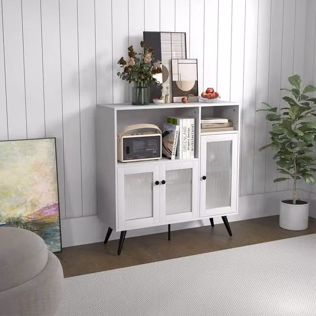 SPETLEK White Wood Kitchen Storage Cabinet and Buffet Sideboard Cupboard