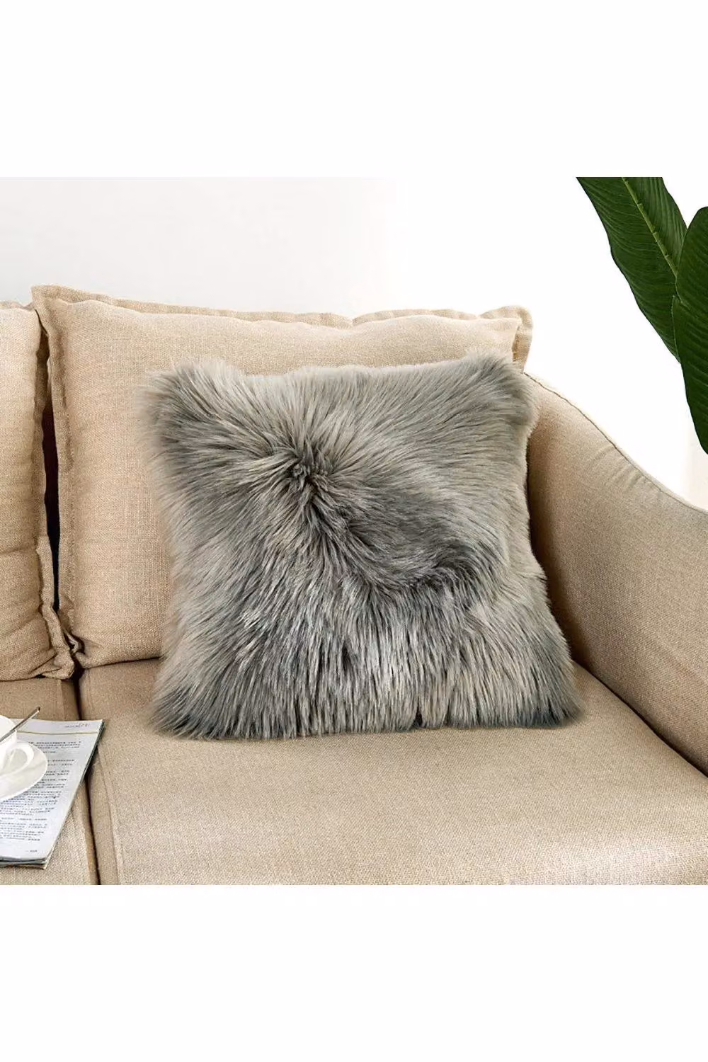 H&O Direct Square Faux Fur Throw Pillow Cover in Grey – 2