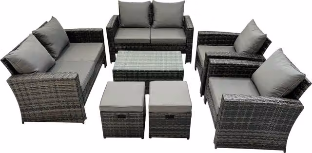 Fimous 8 Seater Dark Grey High Back Rattan Garden Furniture Set with Coffee Table and 2 Stools