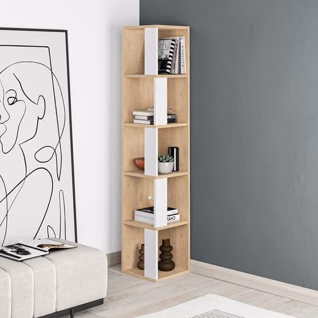 Decortie Piano Modern Corner Bookcase Display Unit, Oak and White