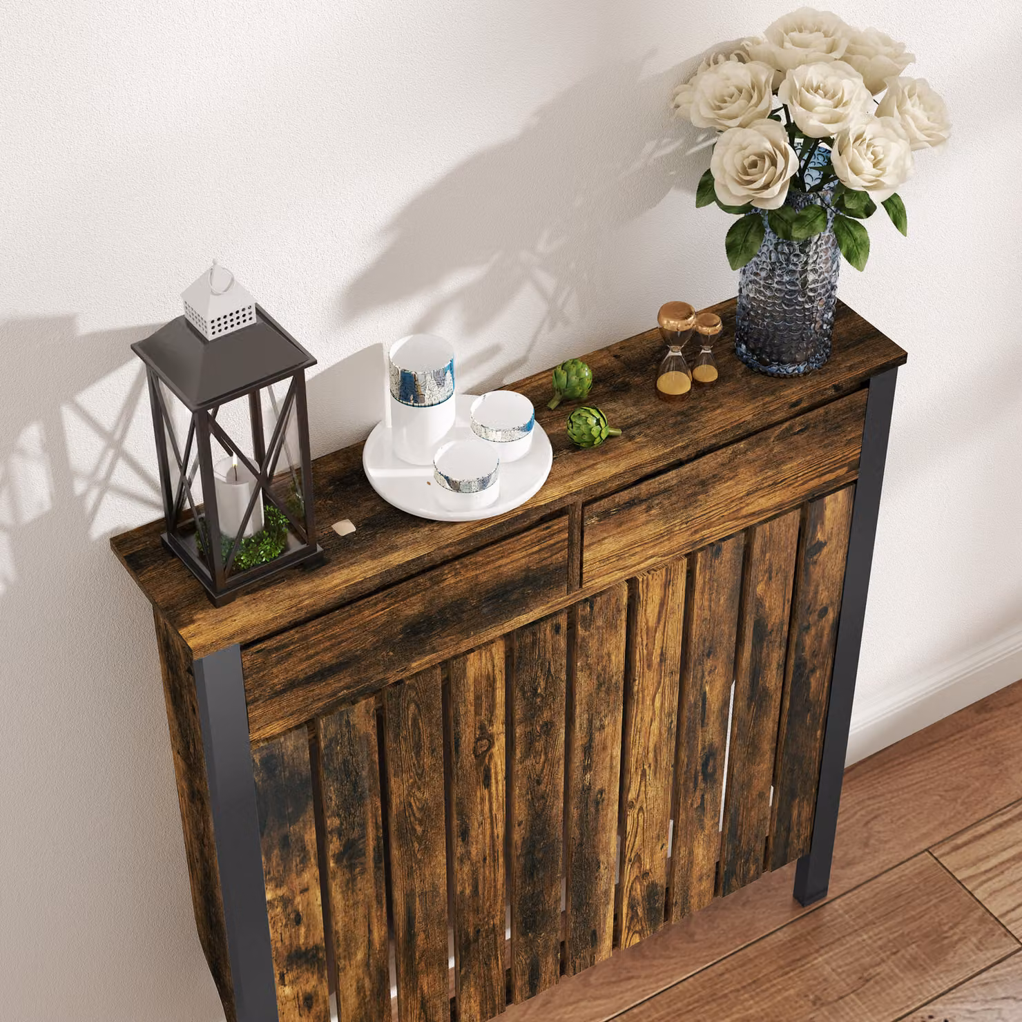 HOMCOM Rustic-Look Industrial Radiator Cover, Brown/Black, W: 93 cm, H: 88.5 cm – 6