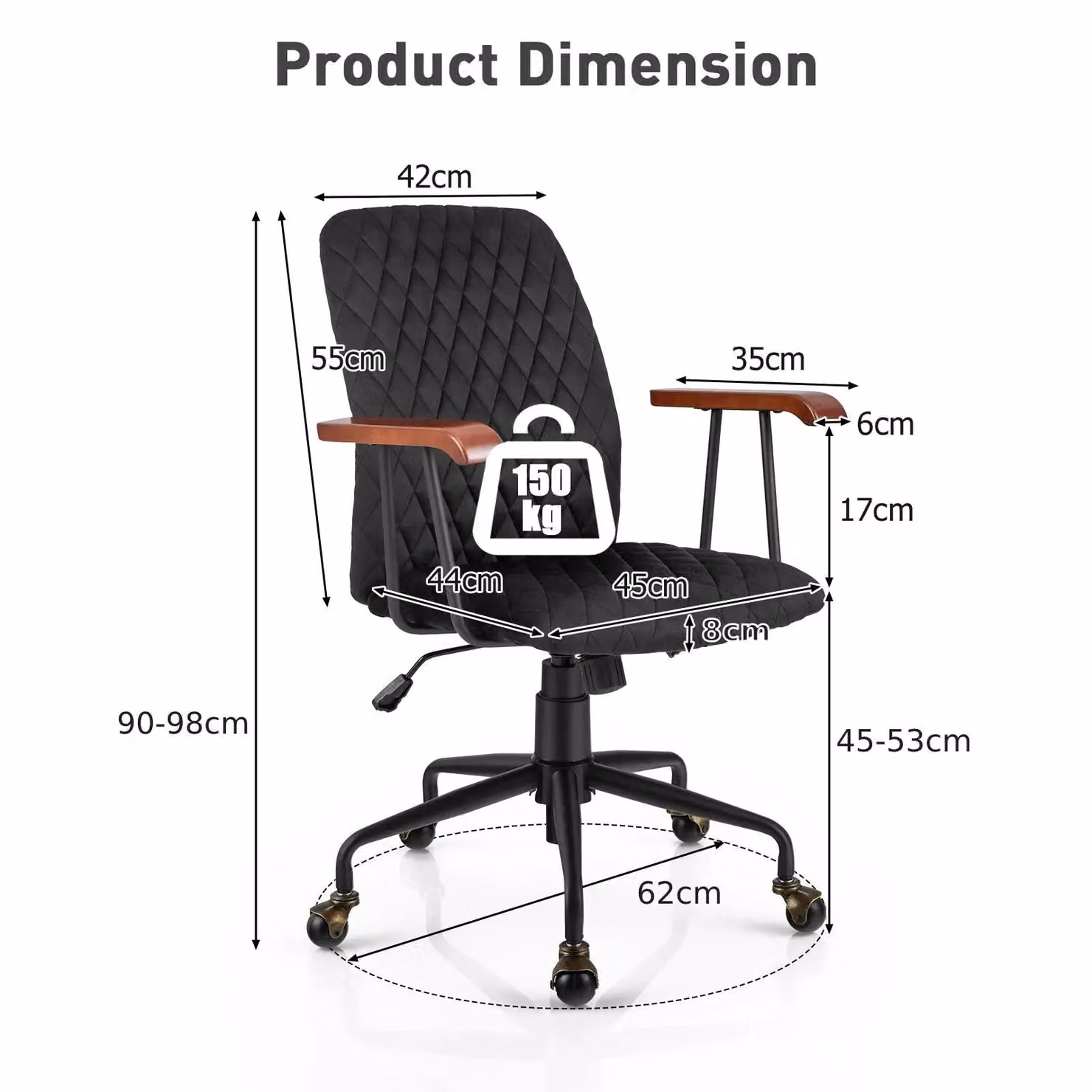 Costway Black Velvet Swivel Task Chair with Armrests and Castors for Home Office – 3