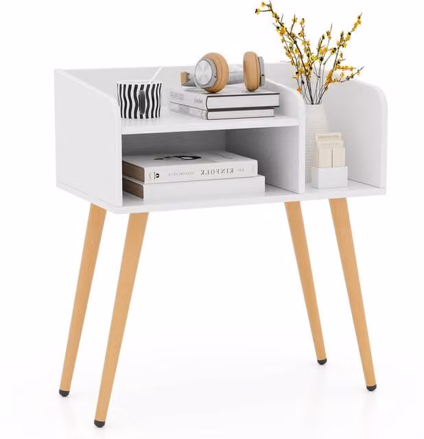 Costway Modern 2-Tier White Metal Bedside Table with Open Shelves