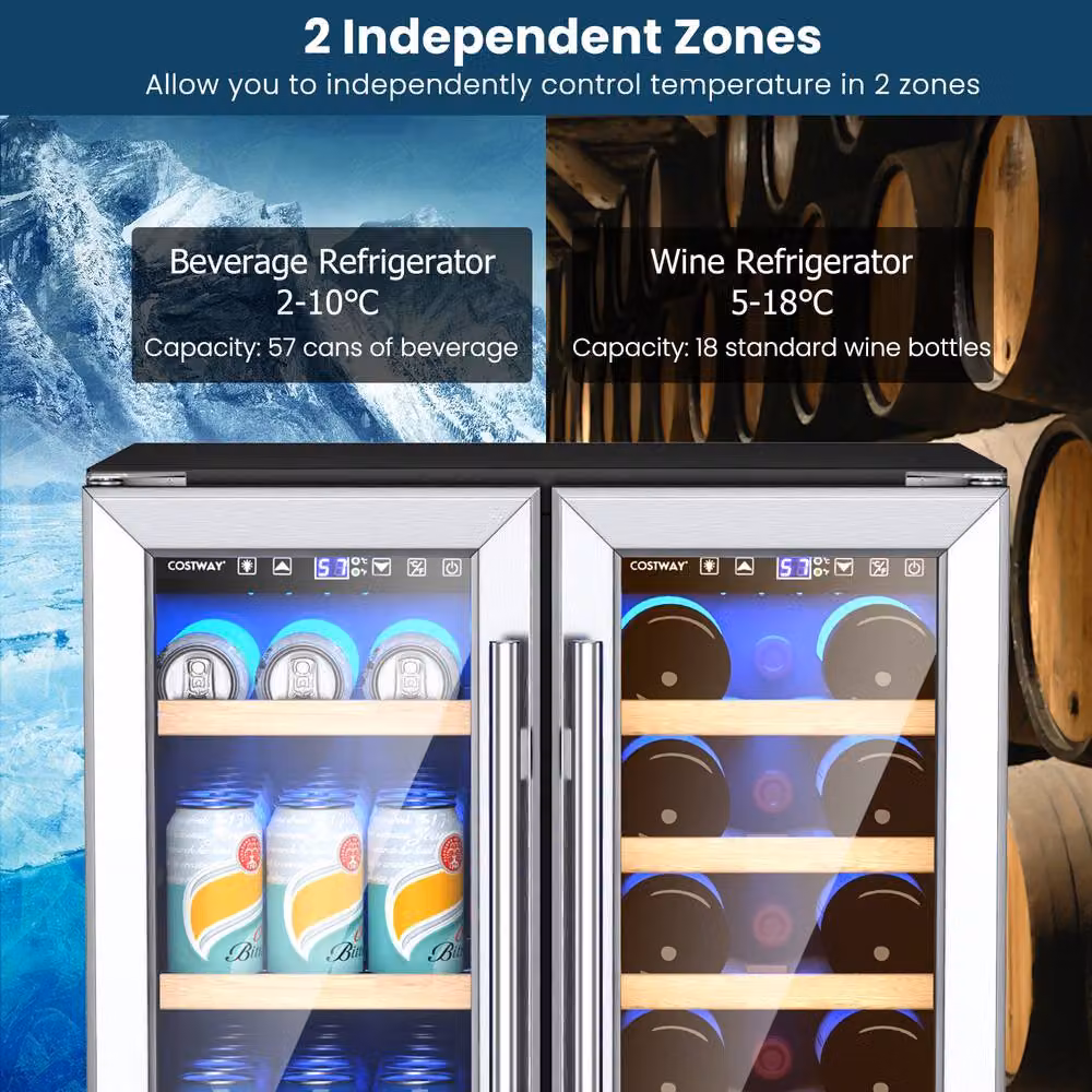 Costway 2-in-1 Multicolour Wine and Beverage Refrigerator with Dual Zone Cooling and Safety Lock – 7