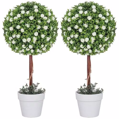 HOMCOM Set of 2 Decorative Artificial Rose Ball Topiary Trees in White, Pink and Green, Height: 60 cm