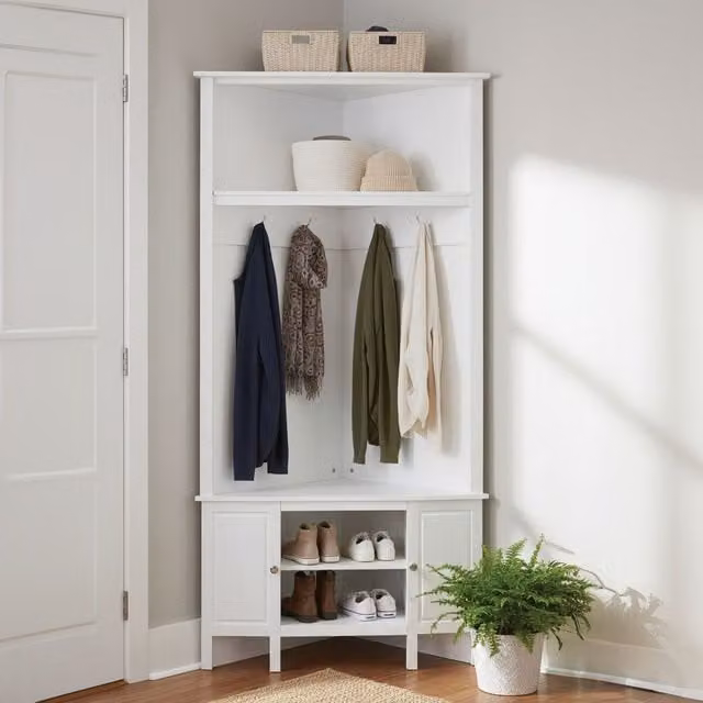 Orsina Portland Corner Coat Bench and Hall Tree with Shoe Rack in White and Silver – 1