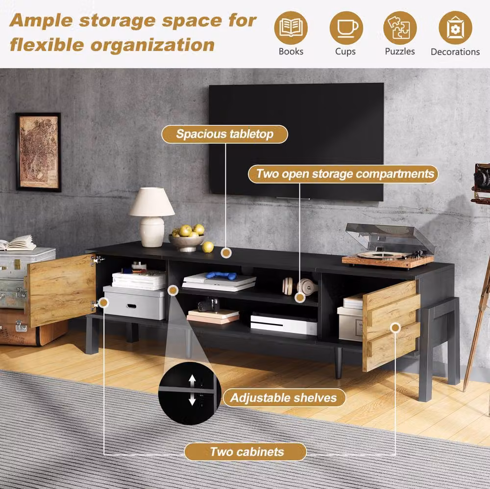 STILVORA Natural and Black TV Stand for 70 Inch TVs with 2 Doors – 5