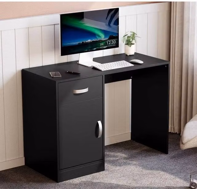 EONLION Modern Black Computer Desk with 1 Drawer and 1 Door, Width: 100 cm
