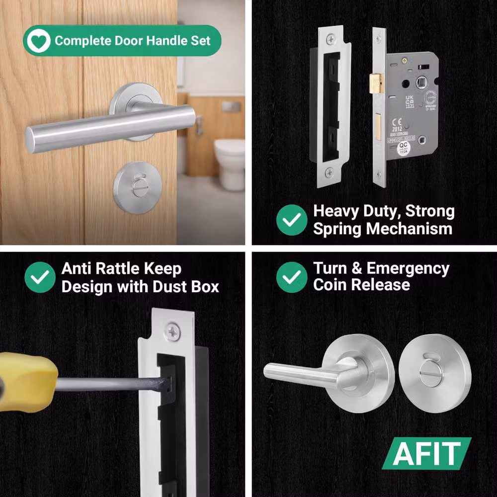 AFIT Silver Satin T-Bar Lever Rose Bathroom Door Handle Kit with 64mm Lock, W/D/H: 15 x 15 x 1.5 cm – 3