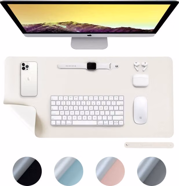Desiretech Reversible PU Leather Waterproof Desk Mat, W: 80 cm, D: 40 cm, H: 40 cm, Silver and White