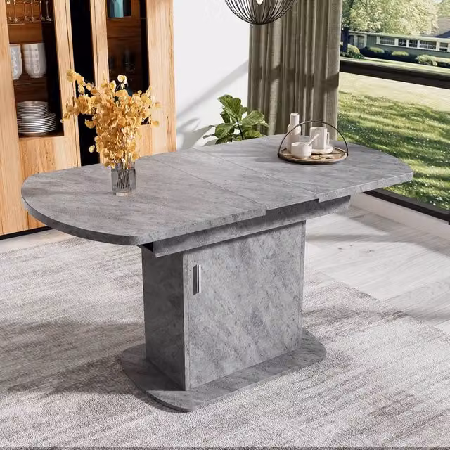 Merax Extendable Oval Pedestal Dining Table with Built-in Storage Cabinet in Grey and Silver – 1