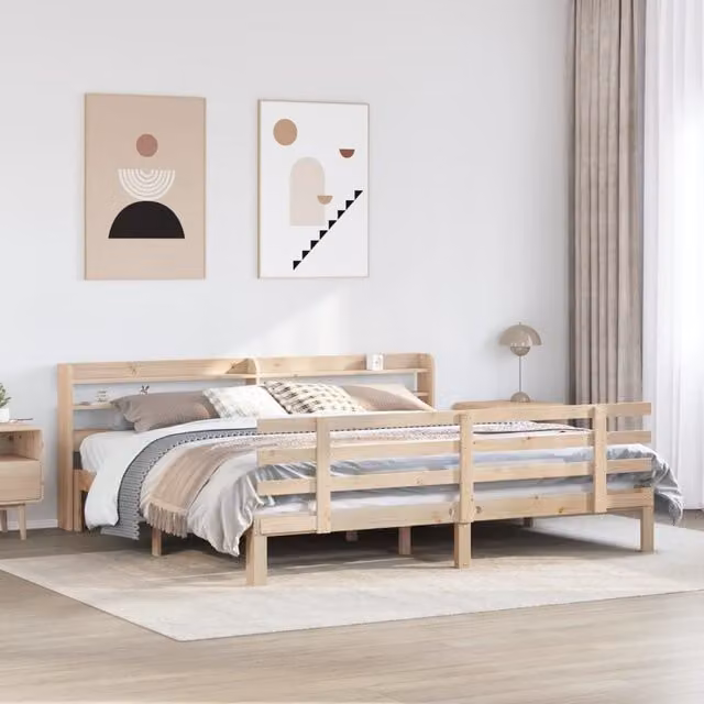 Berkfield Home Rustic Pine Bed Frame with Headboard and Side Compartments, Brown, W/D/H: 200 x 200 x 82 cm – 1