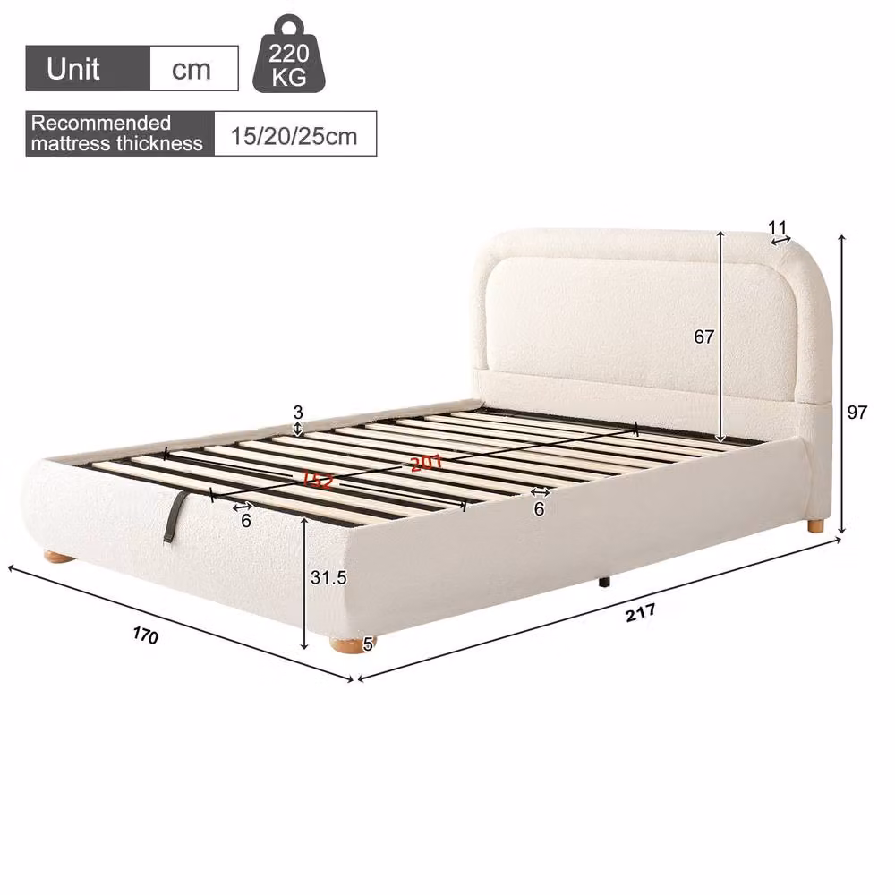 Merax Beige Bouclé Upholstered King Size Ottoman Bed Frame with Lift Up Base and Curved Headboard W/D/H: 150 x 200 cm – 3