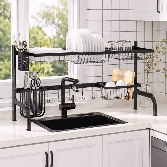 STILVORA 2 Tier Adjustable Over Sink Dish Drying Rack with Cutlery Holder in Black – 1