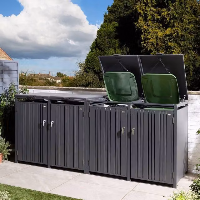 Rowlinson Wimbledon Quadruple Bin Store in Dark Grey, W: 265 cm, D: 81 cm, H: 116.5 cm