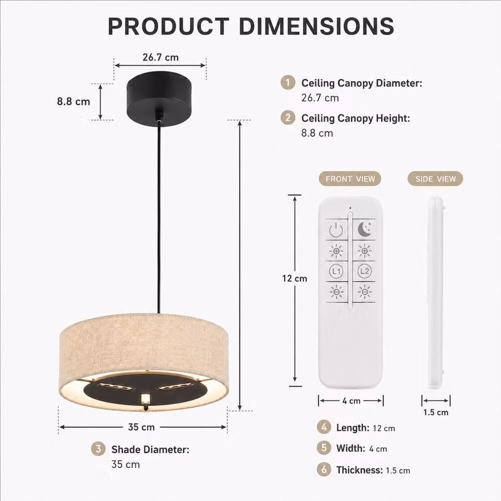 Kairui Lighting Black Pendant Ceiling Light with Remote Control and Adjustable Height, Diameter: 35 cm – 3