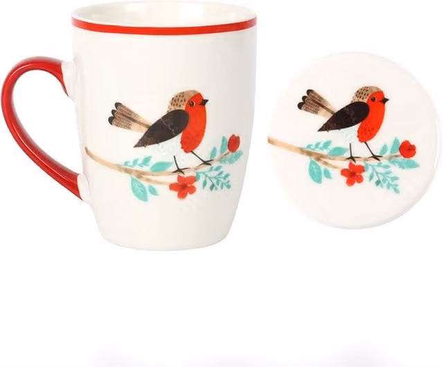 KDMK White and Red Ceramic Winter Robin Mug and Coaster Set