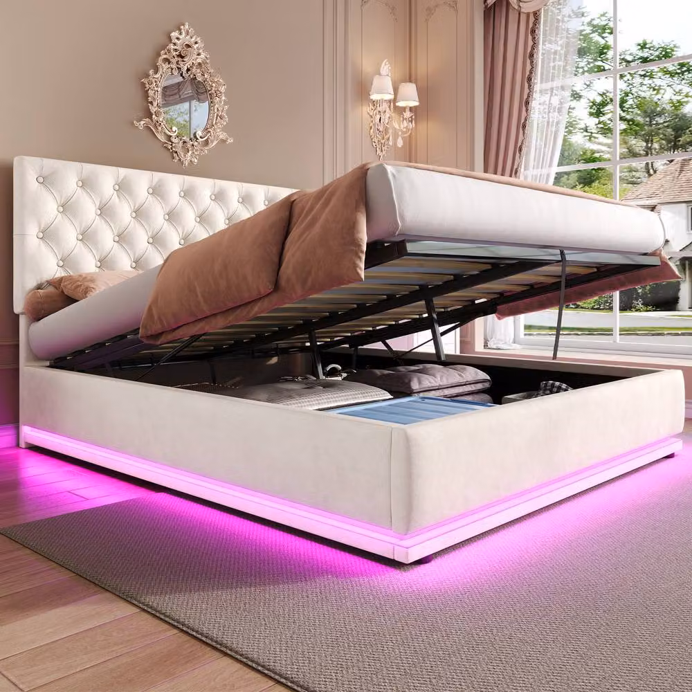 Rolipo Double Ottoman Bed with Hydraulic Storage, Velvet Upholstered Frame and LED Under-bed Lighting, Beige, W: 140 cm, L: 200 cm – 3