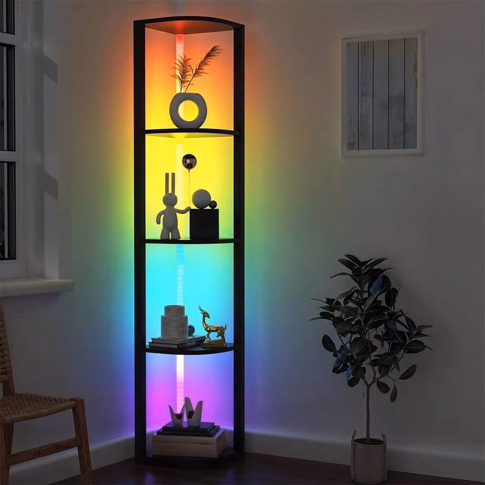 FORGEVIO 4 Tier Tall Corner Shelving Unit with Dimmable Integrated LED Lights in Matt Black – 2