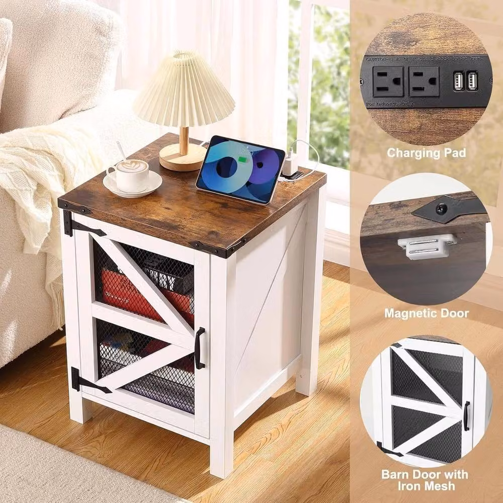 VOGREX White Farmhouse Nightstand with Charging Station and Media Compartments – 3