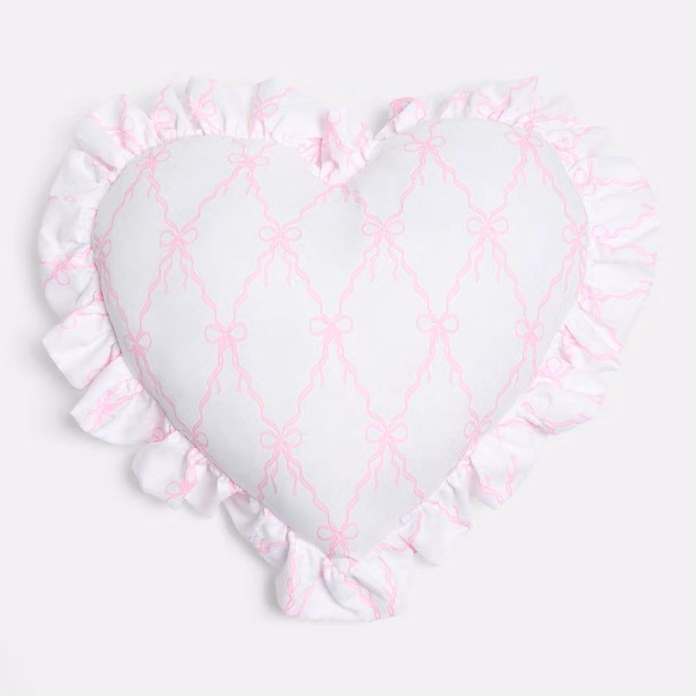 OHS Bow Ribbon Heart Cushion in White and Pink, 40 cm – 3