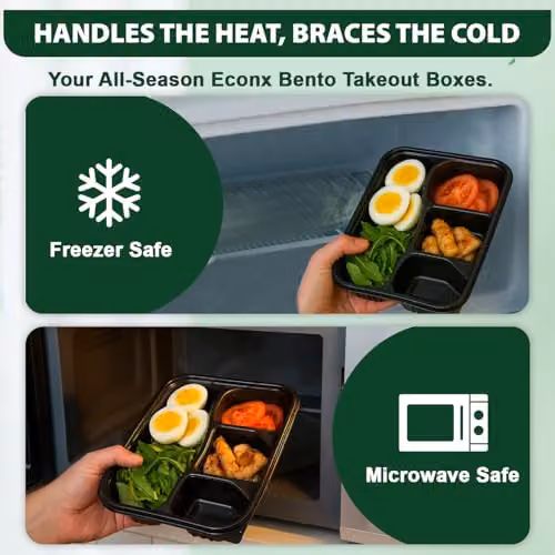 ECONX Black 4 Compartment Takeaway Meal Prep Containers with Snap Lids, Microwave and Freezer Safe, BPA Free Plastic – 4